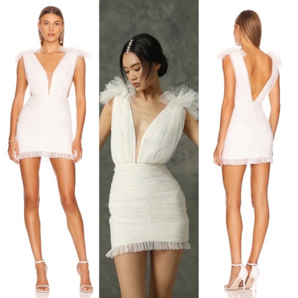 Sau Lee x Revolve Tulle Mesh Ruched Harlie Dress in Ivory White Size 8 US NWT
